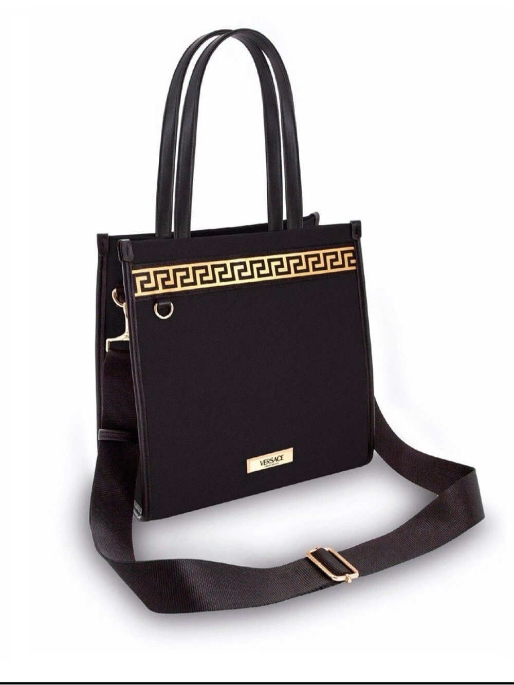 Versace Black Shoulder Bag with Gold Greek Key Detail